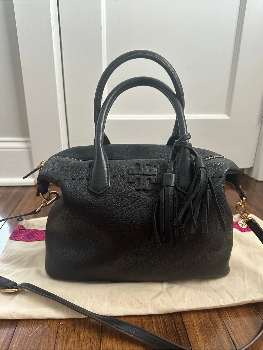 Tory Burch McGraw Pebbled Leather Slouchy Satchel Crossbody Bag Black